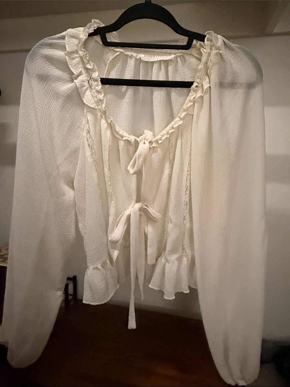 Ivory Ruffle Tie-Front Peasant Blouse - Women Tops